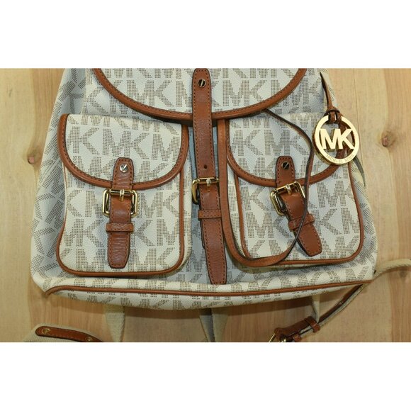 Michael Michael Kors Monogram Drawstrings Backpack Beige/Brown Bag Vintage - Picture 3 of 16